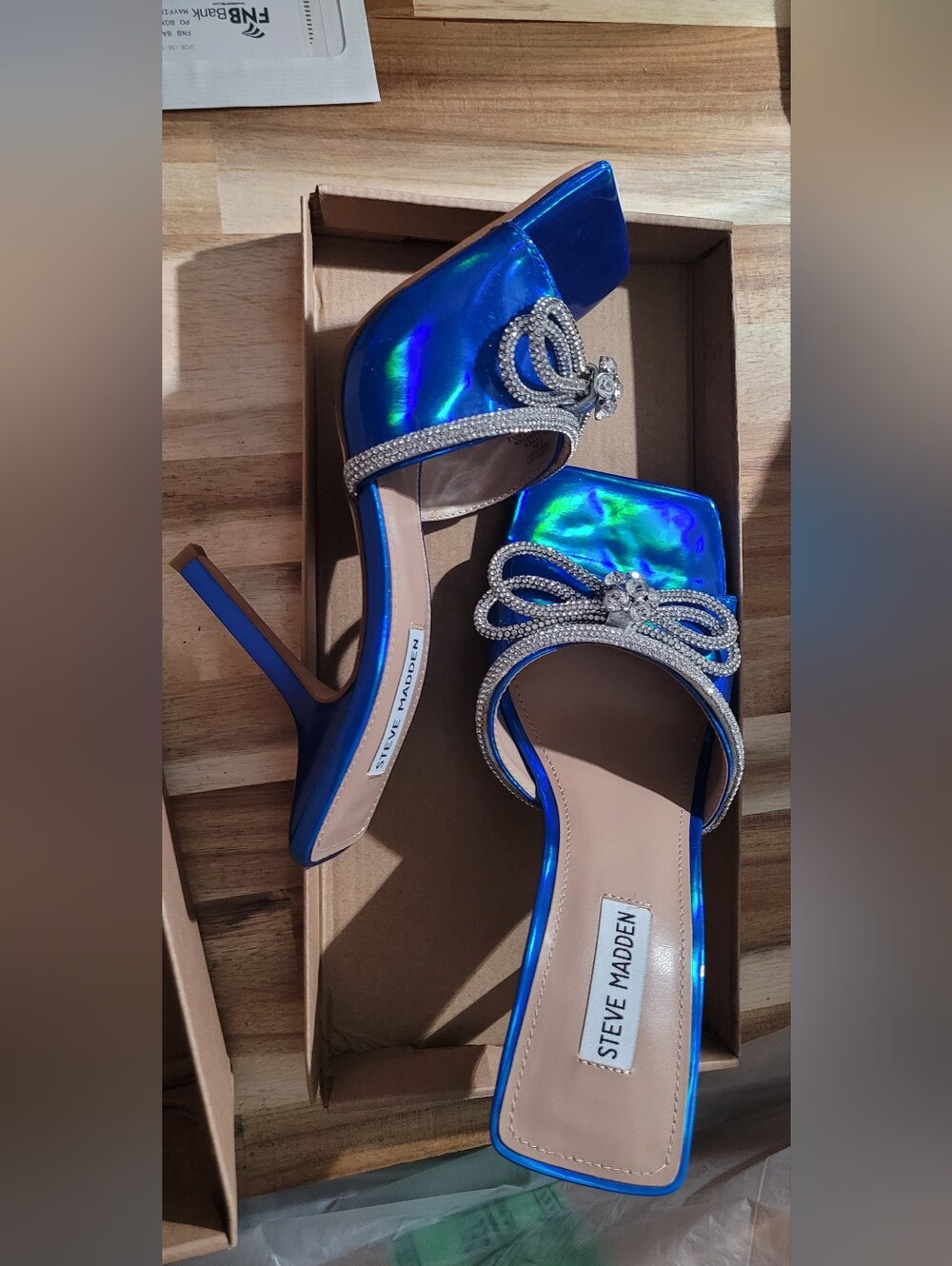 Steve Madden Iridescent Blue Crystal Bow High Heel Mules